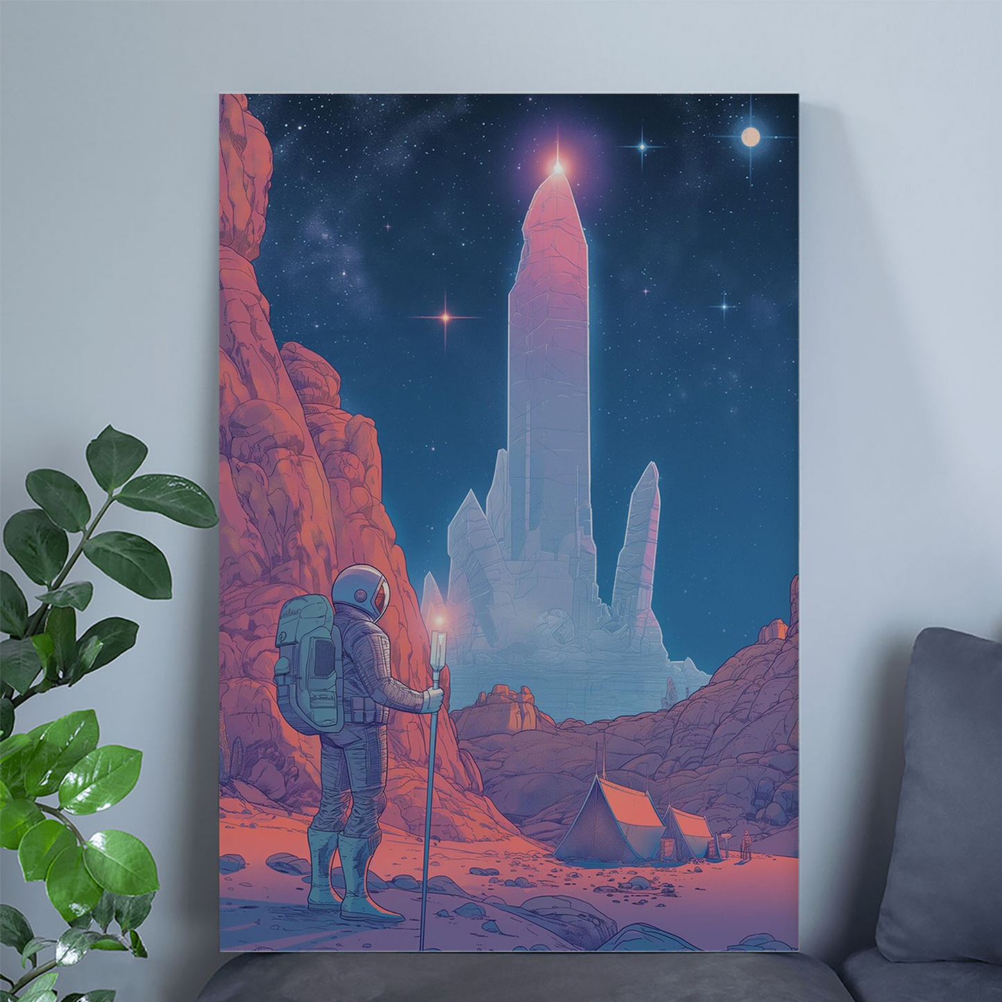 Retro Sci-Fi Astronaut Art Print - Alien Monolith Landscape - Vintage Space Explorer Poster - Moebius Inspired Art