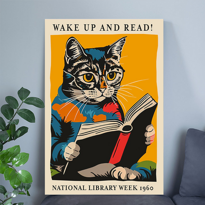 Cat Reading Poster - Wake Up and Read! - National Library Week 1960 Wall Art – Poster