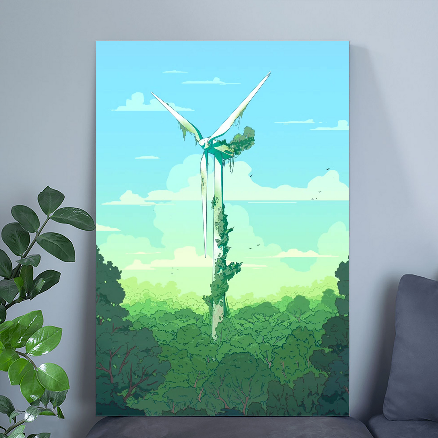 Solarpunk Wind Turbine Art Print with Nature Vibes, Solarpunk Poster