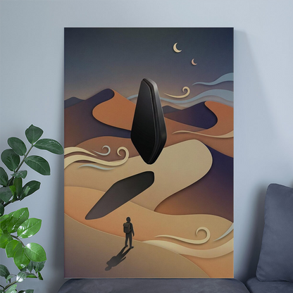Surreal Desert Traveler Wall Art | Floating Black Monolith Print | Cinematic Night Decor Print