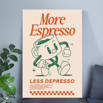 More Espresso Less Depresso Wall Art Print – Retro Coffee Quote for Kitchen, Coffee Bar or Cool Apartment Decor