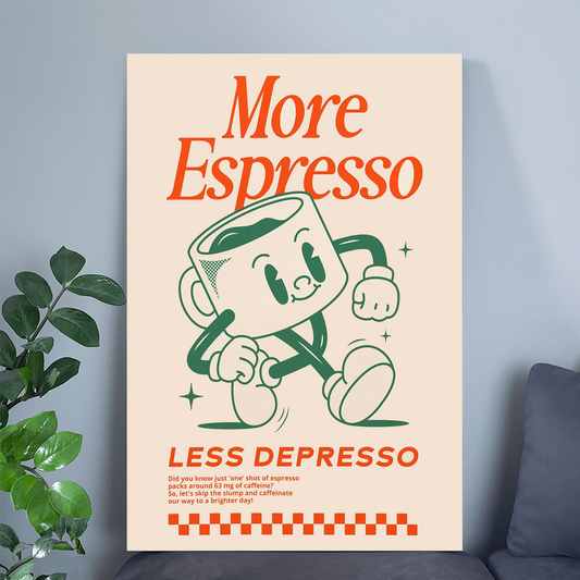 More Espresso Less Depresso Wall Art Print – Retro Coffee Quote for Kitchen, Coffee Bar or Cool Apartment Decor
