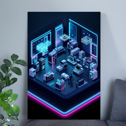 Retro Futurism Computer Lab Poster Isometric Neon Tech Wall Art
