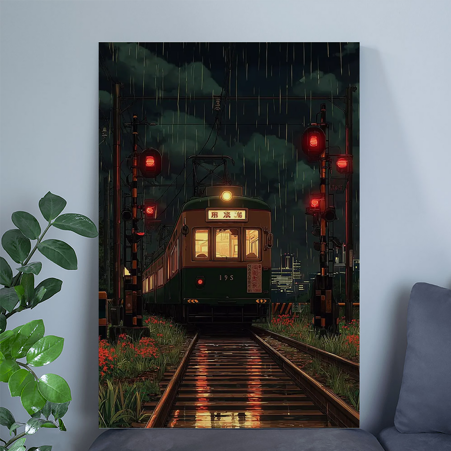 Cinematic Japanese Train Station at Night – Rainy Lantern Platform Wall Art