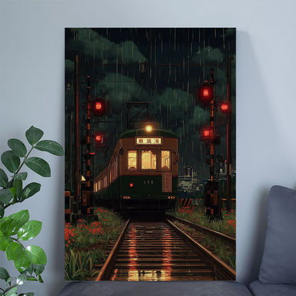 Cinematic Japanese Train Station at Night – Rainy Lantern Platform Wall Art
