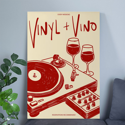 Vinyl & Vino Print | Music Poster | Home Decor | Wine | Illustration | Record | Bar | Trendy | Retro | Kitchen Dining Room | Mid Century
