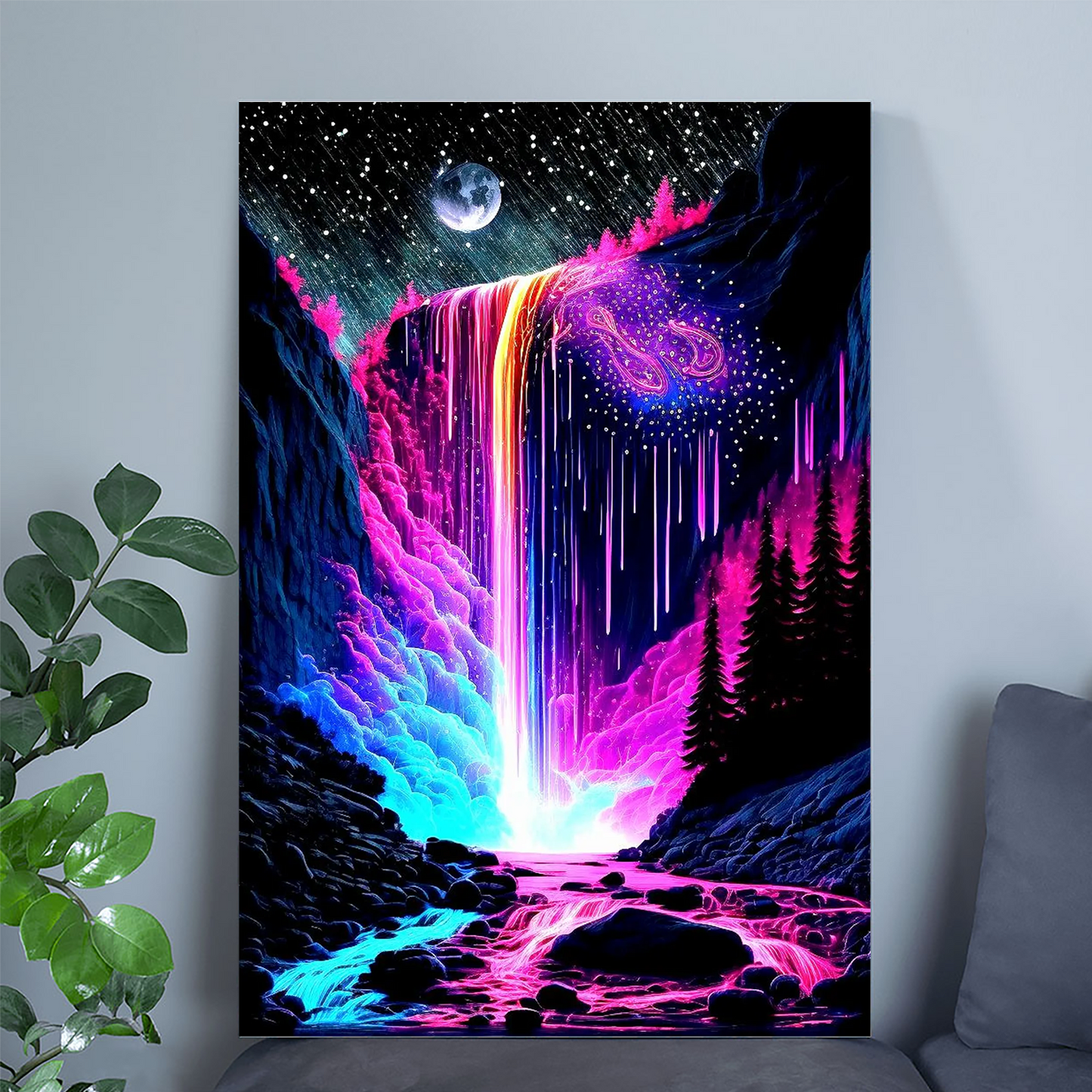 Neon Galaxy Waterfall Print • Psychedelic Cosmic Landscape Poster