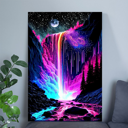 Neon Galaxy Waterfall Print • Psychedelic Cosmic Landscape Poster