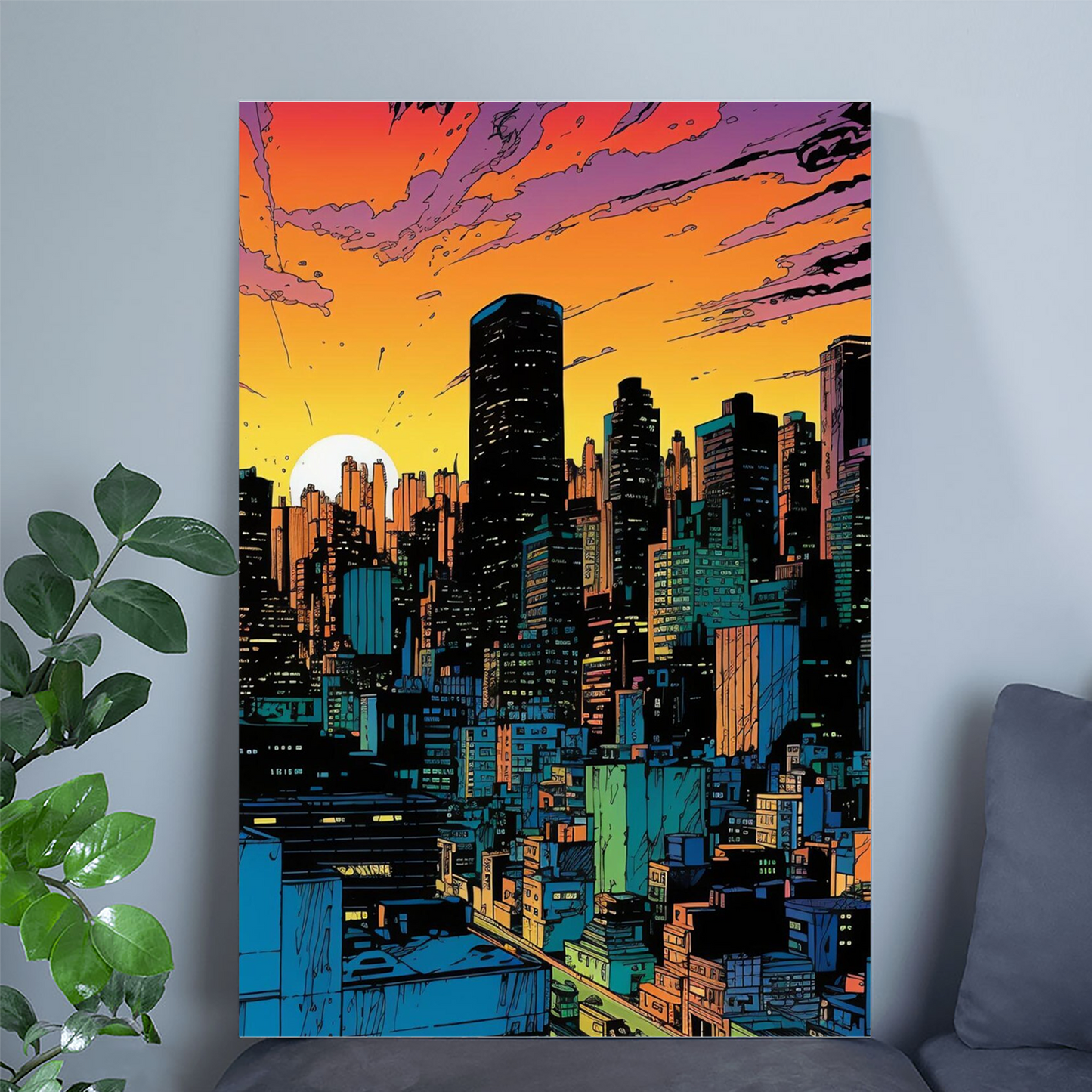 Sunset City Skyline Art Print | Retrofuturism Megacity Panel | Purple Cyberpunk Sci-Fi Wall Decor | Futuristic Cityscape