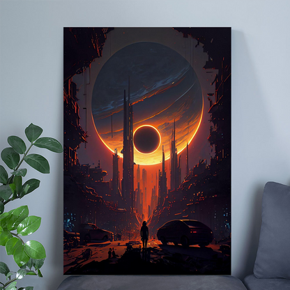 Futuristic Cyberpunk Cityscape | Dark Solar Eclipse Art | Space Art | Sci-Fi Poster