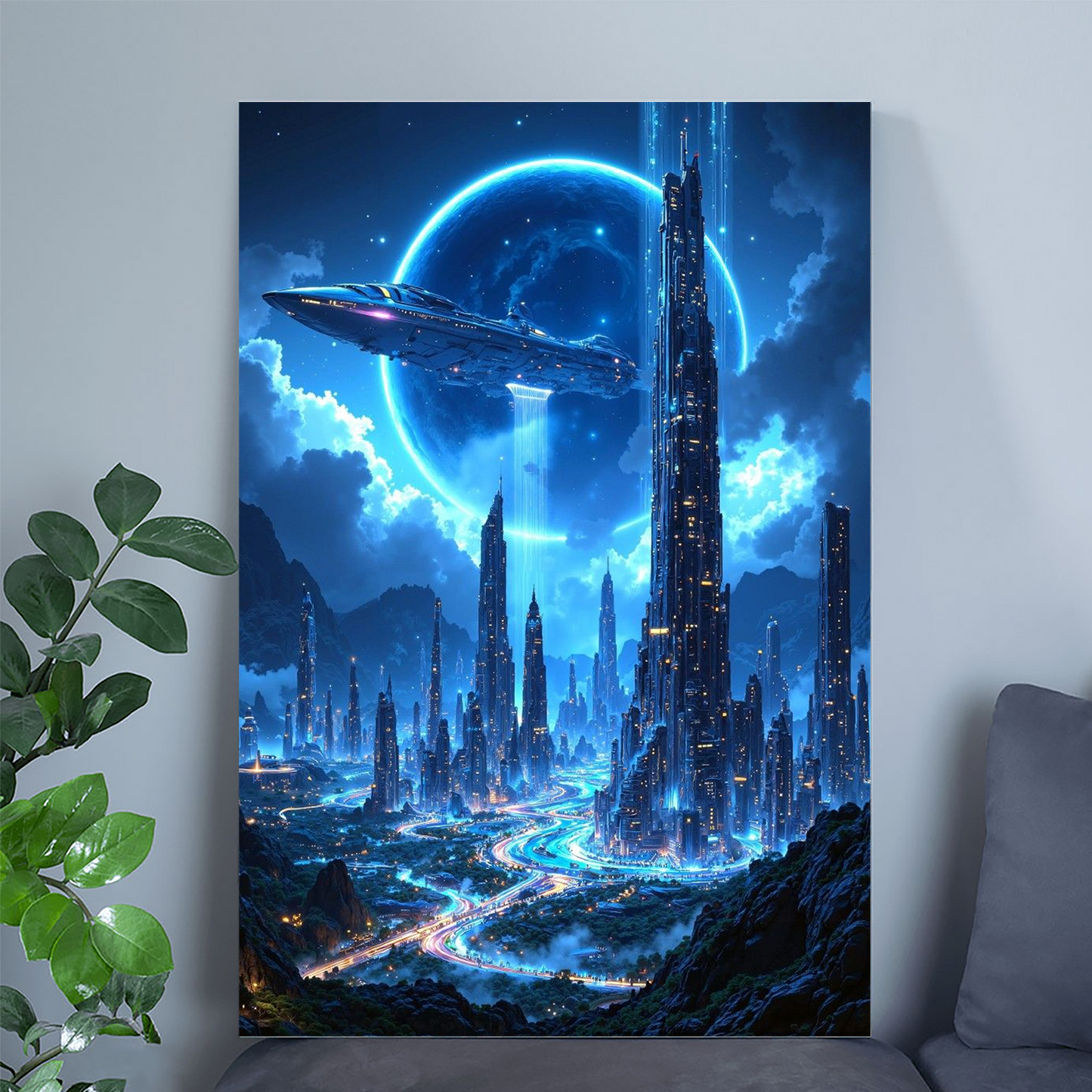 Neon Blue Cyberpunk Cityscape Poster, Futuristic Sci-Fi Metropolis Wall Art, Cosmic Spaceship Room Decor