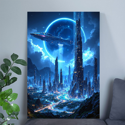Neon Blue Cyberpunk Cityscape Poster, Futuristic Sci-Fi Metropolis Wall Art, Cosmic Spaceship Room Decor