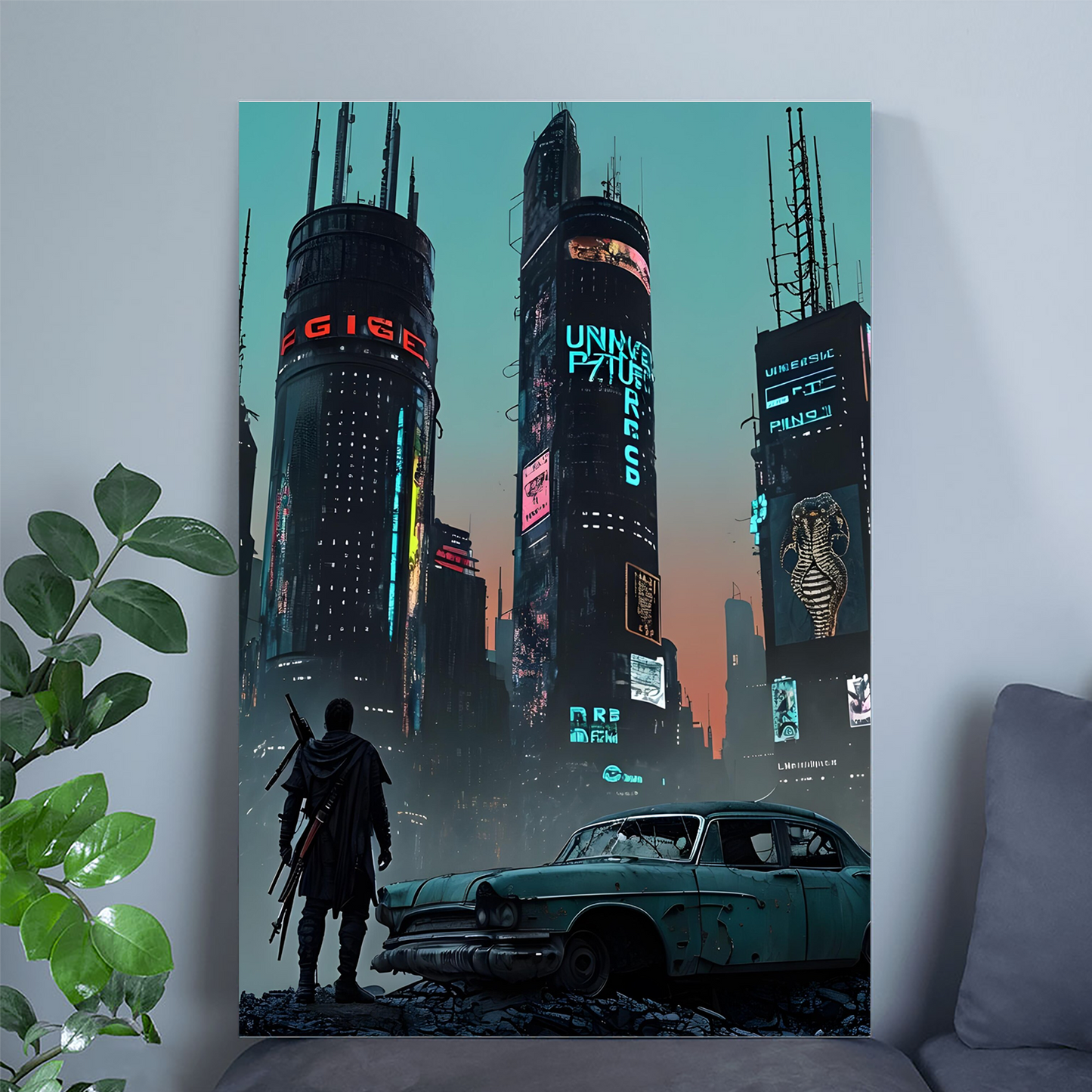 Cyberpunk Cityscape Print: Dystopian Sci-Fi Gamer Room Poster Decor