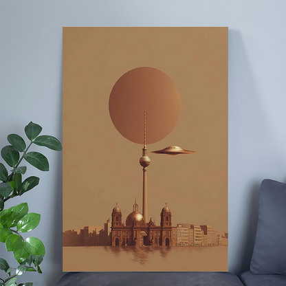 Berlin UFO Poster Print, Futuristic Surreal City Wall Art, Sci Fi Architecture Artwork, Modern Minimalist Poster, UFO Decor Print