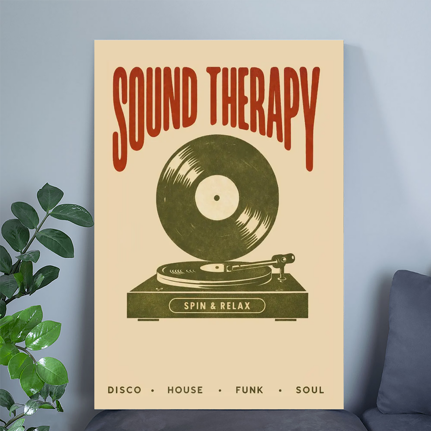 Sound Therapy Print – Retro Vinyl Music Poster, Minimalist Mid Century Record Wall Art, Trendy Bar & Home Decor
