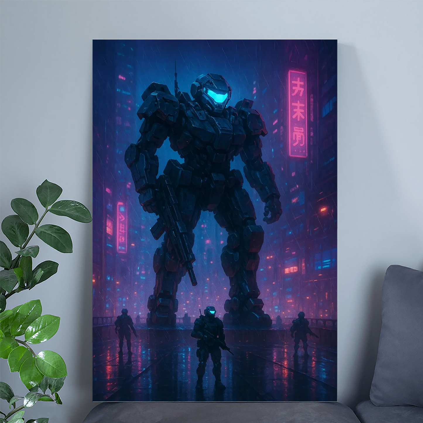 Cyberpunk Mech Poster: Neon Sci-Fi Robot Print