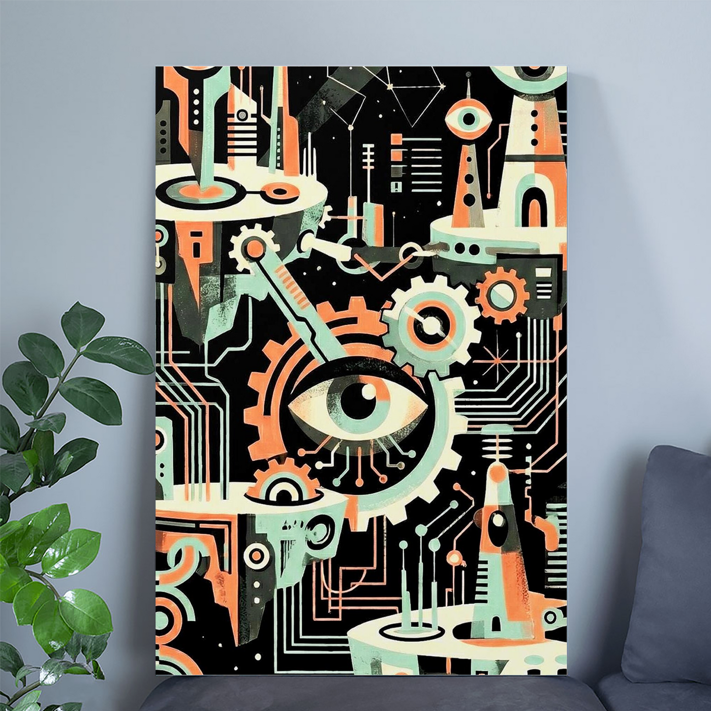 Cybernetic Eye & Gears Art Print | Mid-Century Modern, Teal Mint