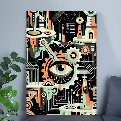 Cybernetic Eye & Gears Art Print | Mid-Century Modern, Teal Mint