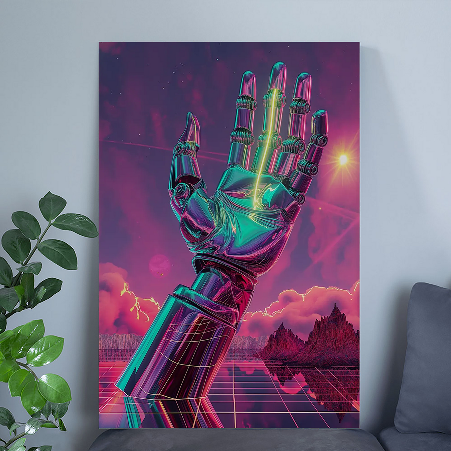 Cyberpunk Robot Hand Wall Art - Neon Retro Futuristic Print - Synthwave Sci Fi Poster - Vaporwave Aesthetic Home Decor
