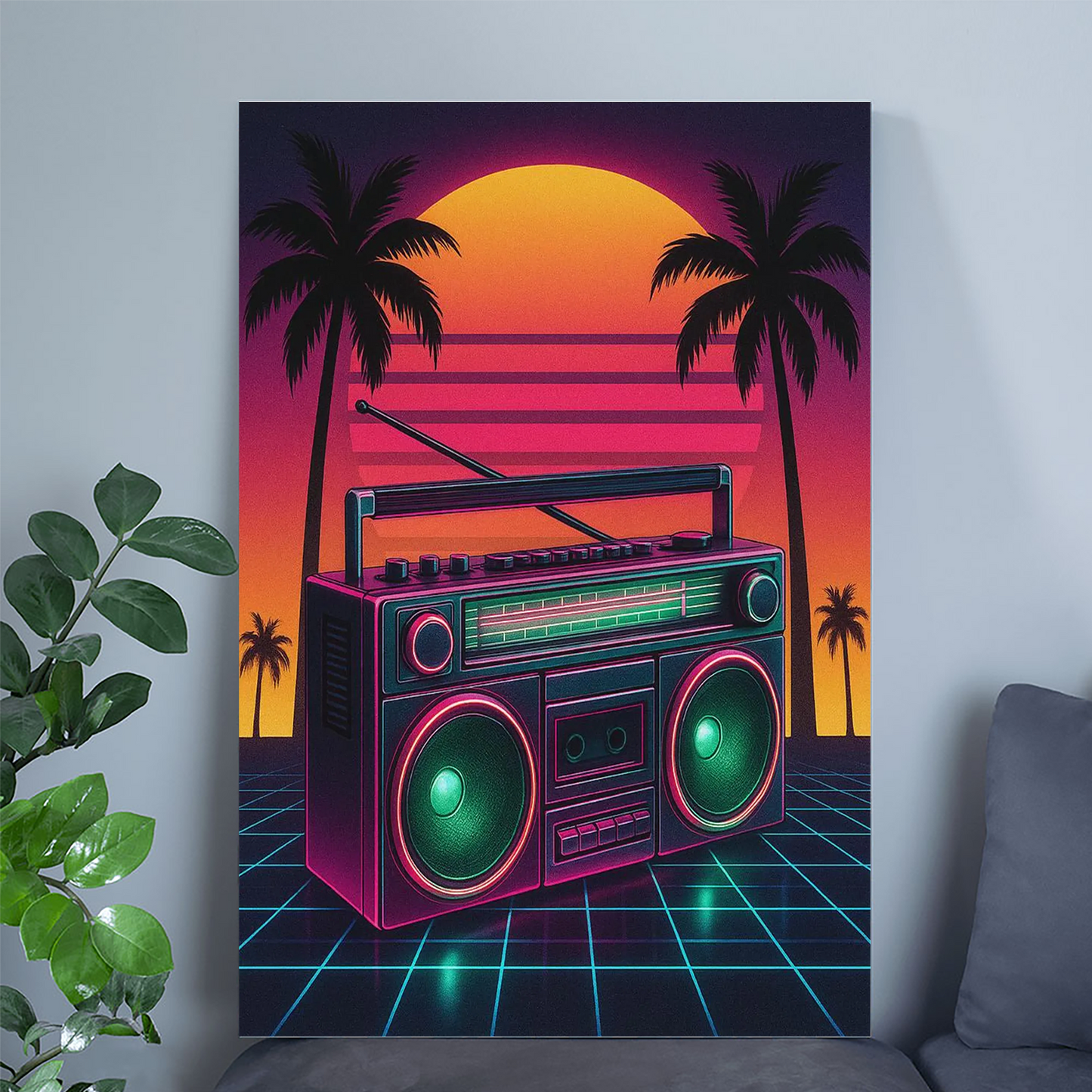 Retro Synthwave Wall Art - 80s Vaporwave Neon Boombox Poster