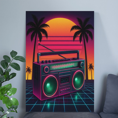 Retro Synthwave Wall Art - 80s Vaporwave Neon Boombox Poster