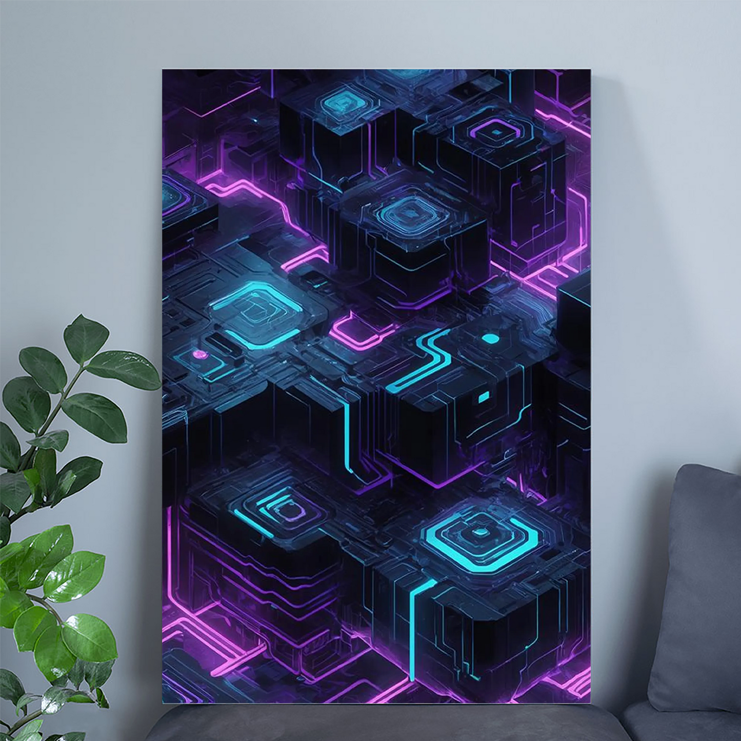 Cyberpunk Cityscape Art Print: Neon Circuit Board Tech Decor