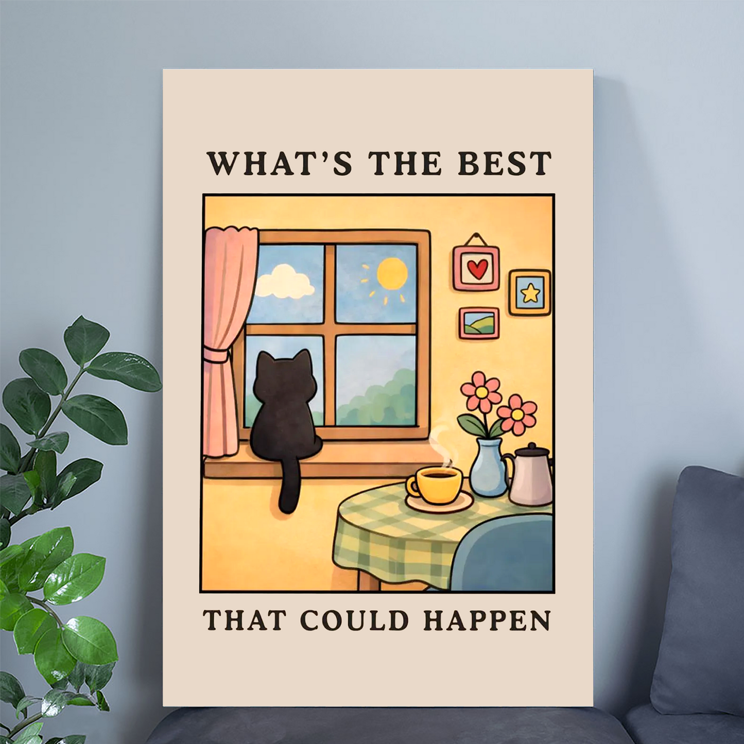 What's The Best That Could Happen - Cute Cat Motivational Wall Art, Cozy Home Poster, Positive Quote Print, Comfort Decor