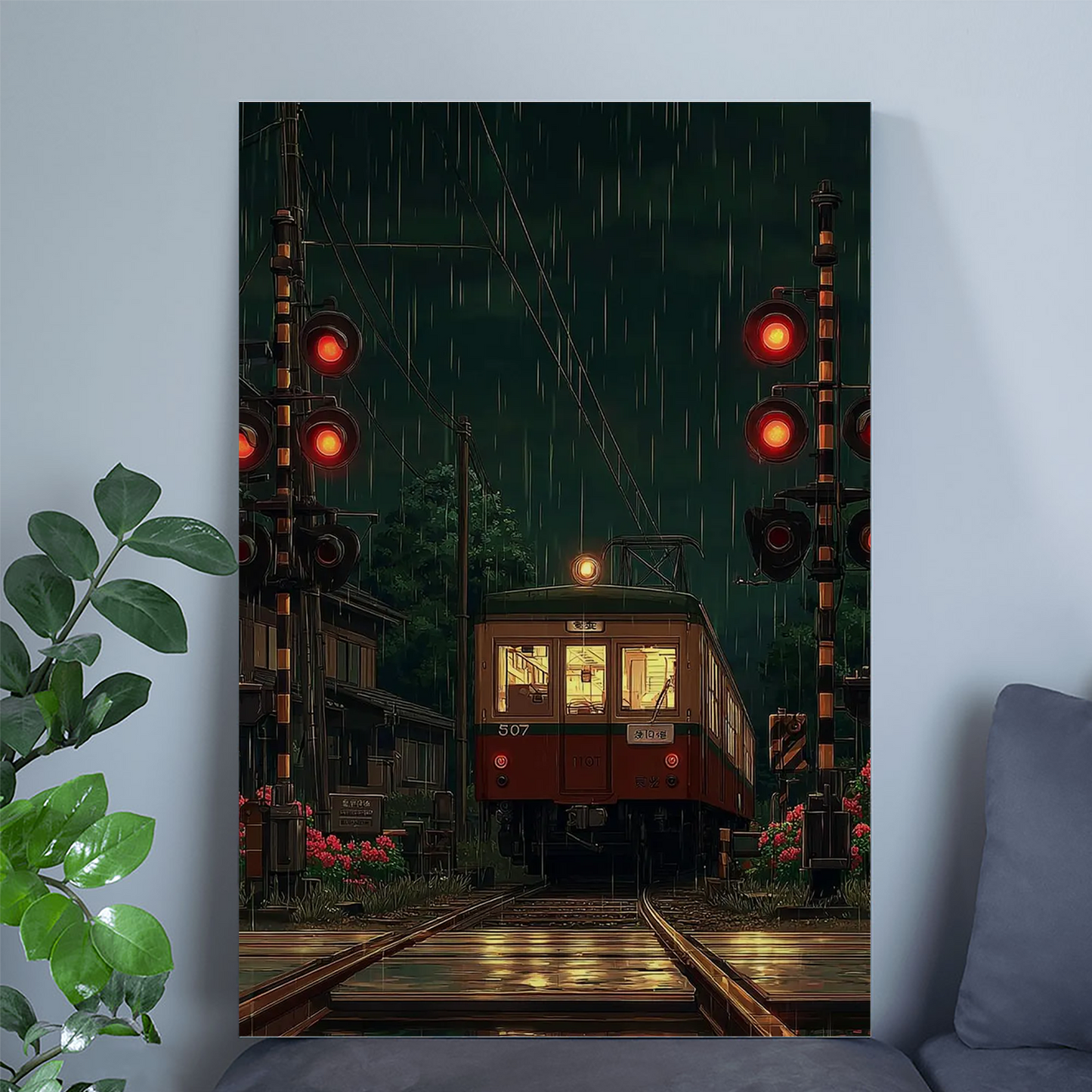 Japanese Train Crossing Poster, Rainy Night Wall Art In Cinematic Style For Bedroom Living Room Decor Style 2