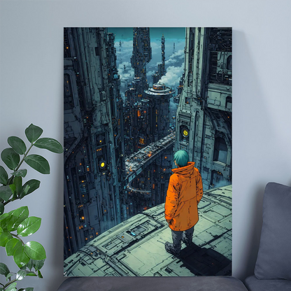 Cyberpunk City Overlook – Futuristic Sci-Fi Skyline Art Print