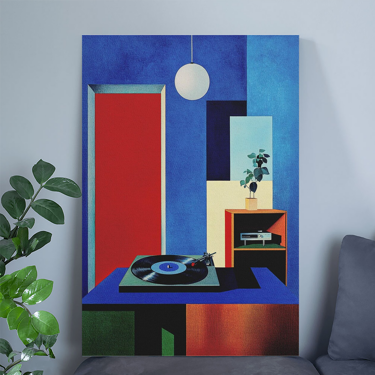 Abstract Record Player Room Art Print Poster, Blue Geometric Studio Wall Art, Modern Minimalist Music Poster