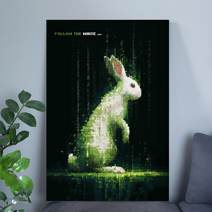 White Rabbit Pixel Art | Sci Fi Wall Art Print | Follow the White Rabbit | Cyberpunk Movie Decor