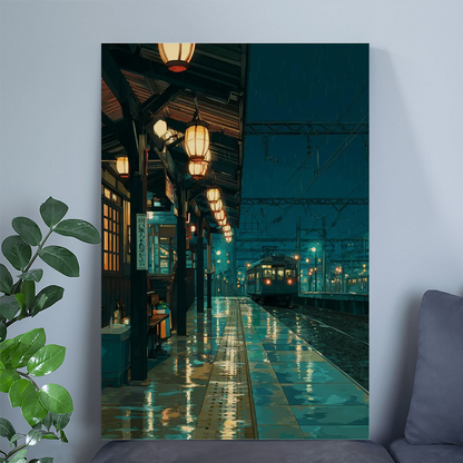 Japanese Train Crossing Poster, Rainy Night Wall Art In Cinematic Style For Bedroom Living Room Decor Style 3