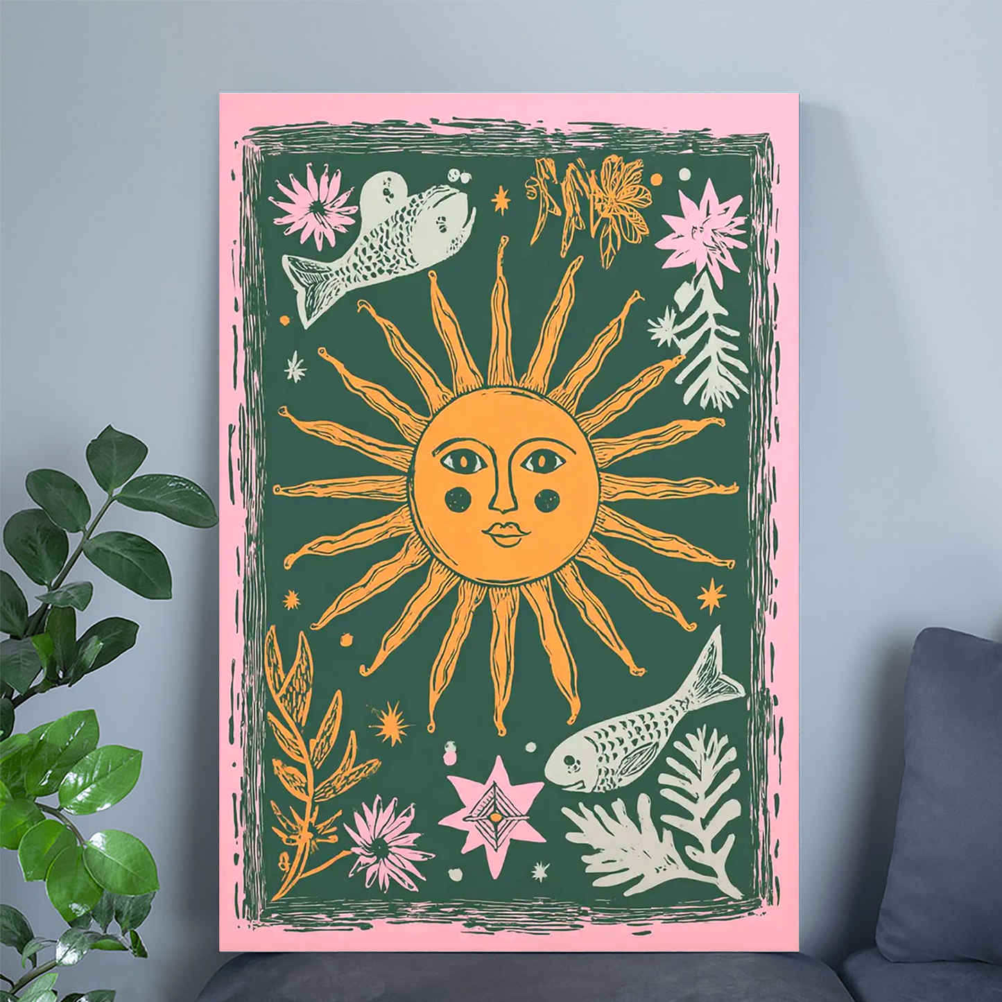 Sun and Moon Poster, Boho Celestial Wall Art, Mystical Folk Art Print, Astrology Home Decor, Cosmic Spiritual Artwork