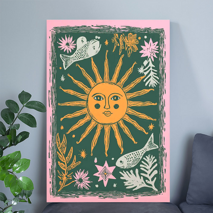 Sun and Moon Poster, Boho Celestial Wall Art, Mystical Folk Art Print, Astrology Home Decor, Cosmic Spiritual Artwork