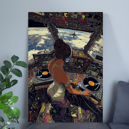 Space DJ Poster – Futuristic Turntable Art Print, Cosmic Music Studio Wall Decor, Sci-Fi Electronic Vibes