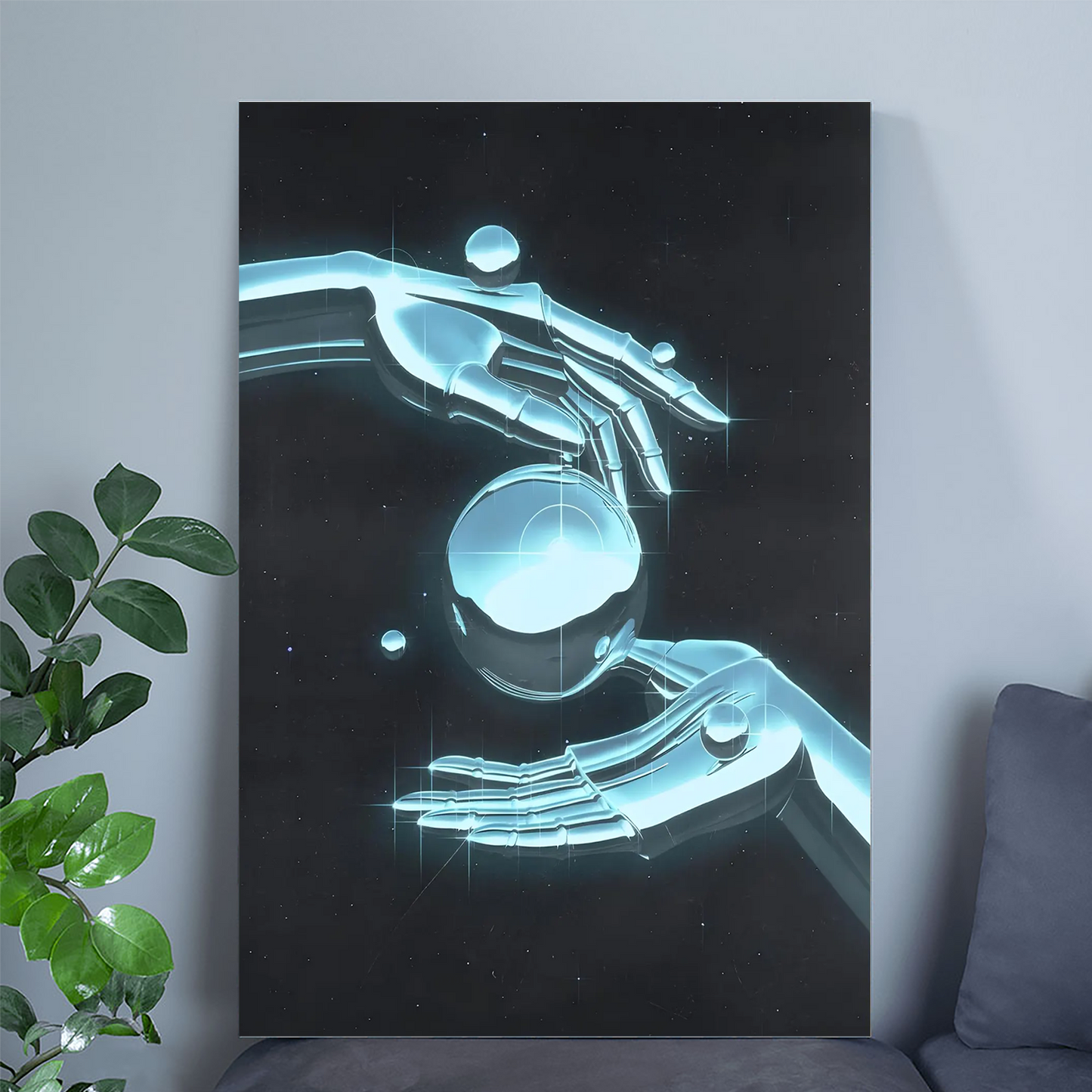 Cyberpunk Poster, Vaporwave Robot Hands, Retro Futuristic Art