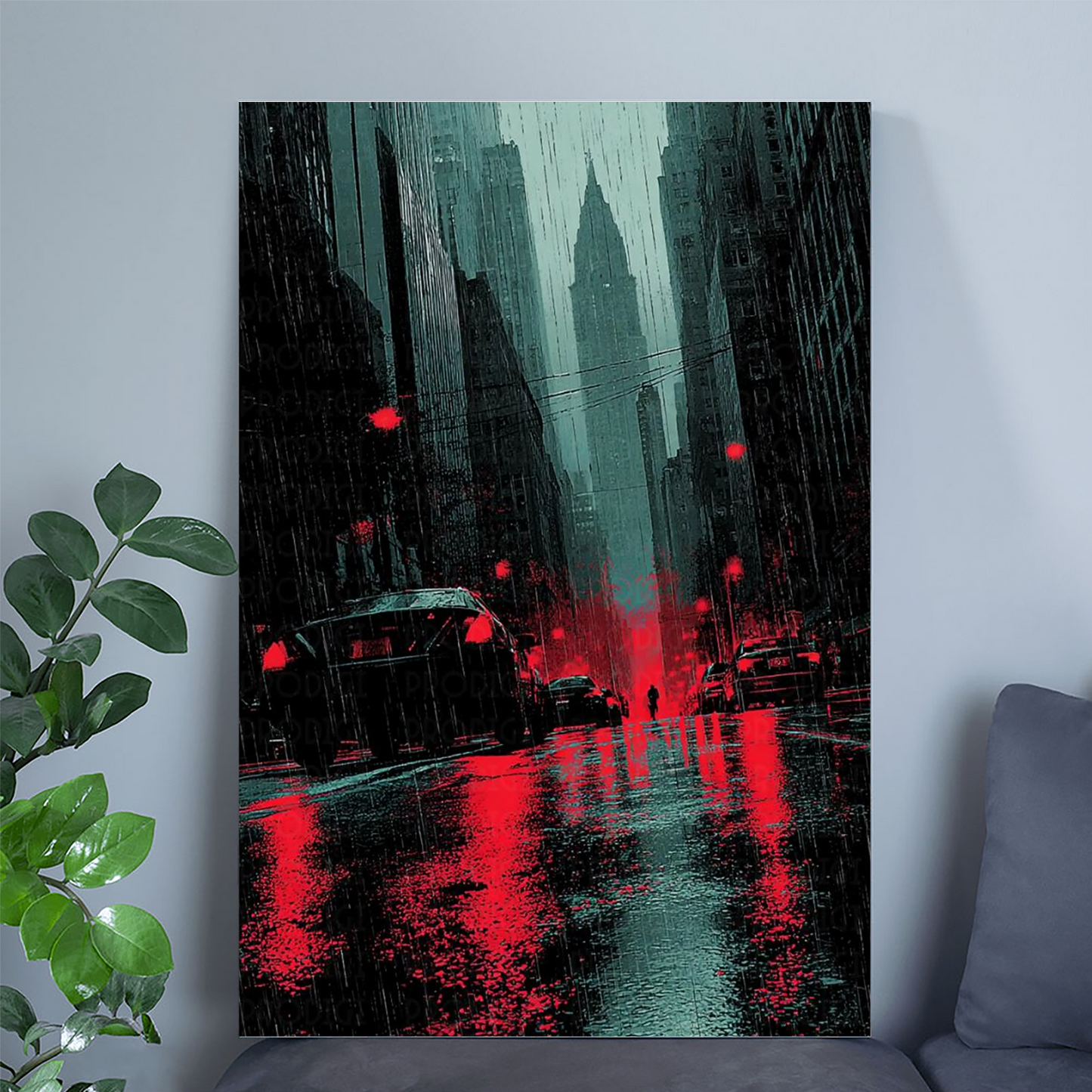 Dark Cinematic City Wall Art, Rainy Street Poster, Moody Cyberpunk Decor