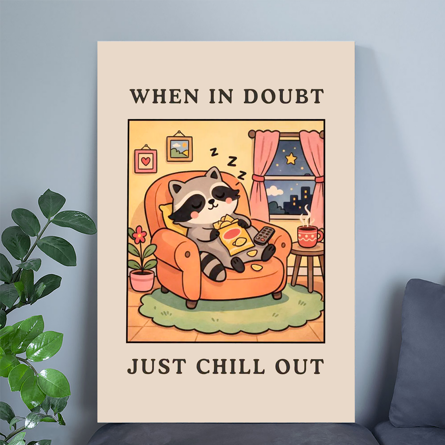 When In Doubt Just Chill Out - Funny Home Wall Art, Cute Raccoon Relax Poster, Cozy Living Room Decor, Self Care Gift