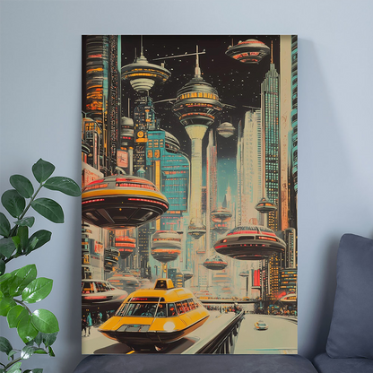Vintage Retro Futurism Cityscape Poster – Sci-Fi Urban Scene with Hover Cars & Flying Buses