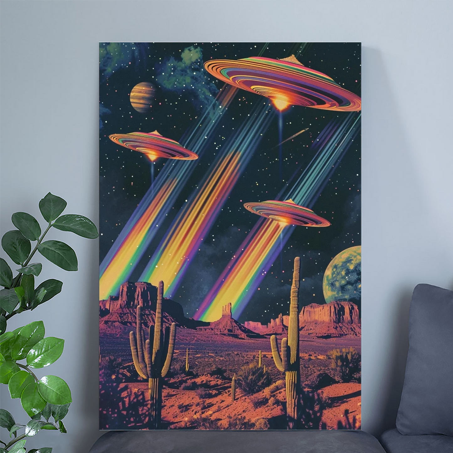Retro UFO Space Poster Alien Wall Art Retro Futuristic Rainbow Poster Surreal Wall Art Vintage Scifi Collage Western Scifi