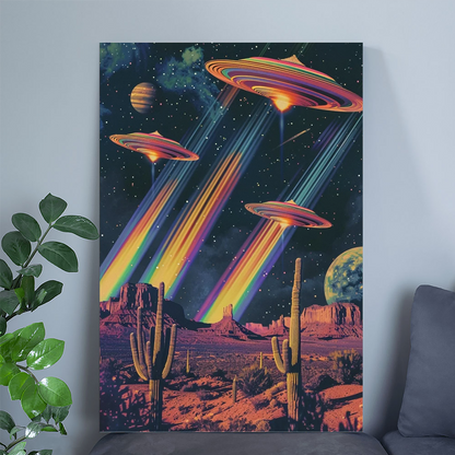 Retro UFO Space Poster Alien Wall Art Retro Futuristic Rainbow Poster Surreal Wall Art Vintage Scifi Collage Western Scifi