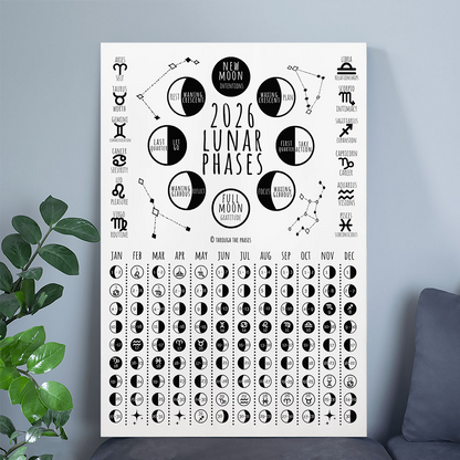 2026 Lunar Calendar Print: Full + New Moon Phases Poster, Witchy Celestial Wall Art, New Year Gift for Her, Astrology Decor