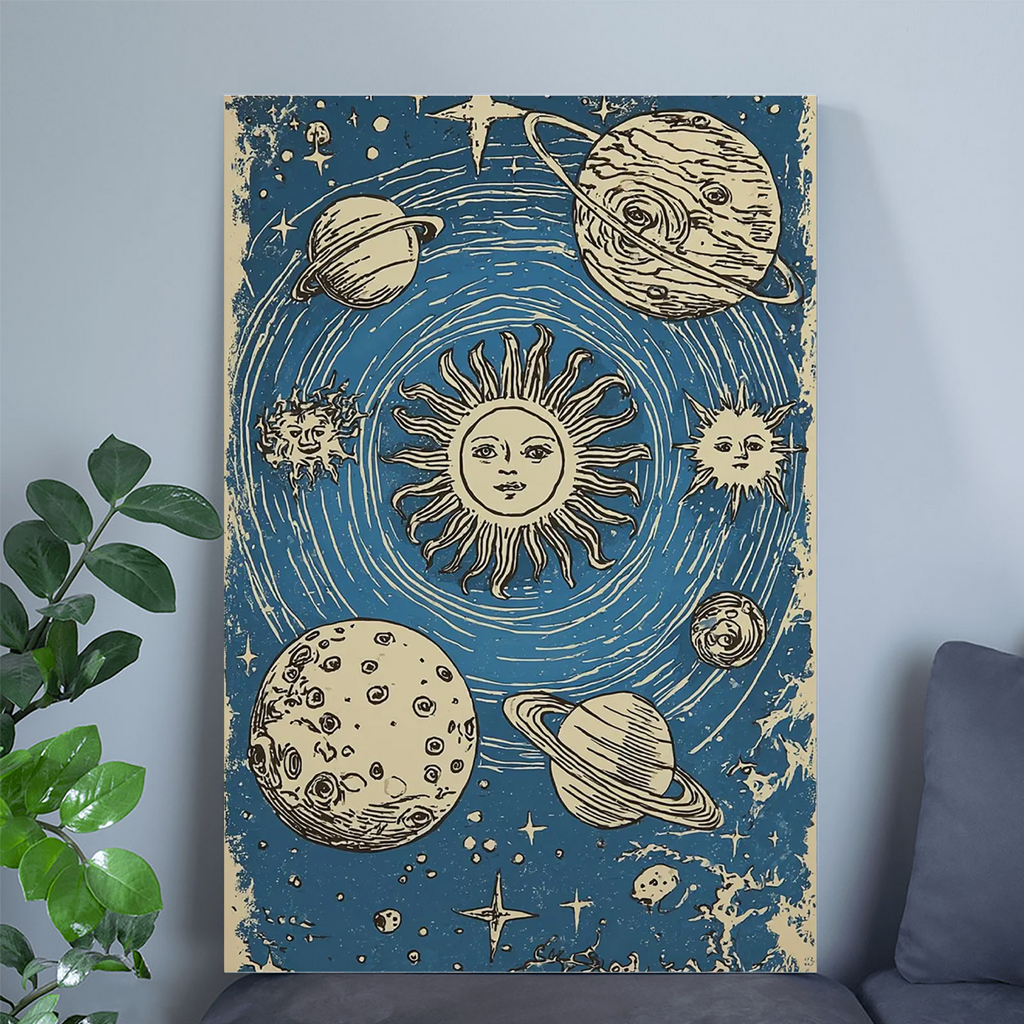 Celestial Sun Moon Poster | Vintage Astrology Wall Art | Blue Cosmic Illustration Print