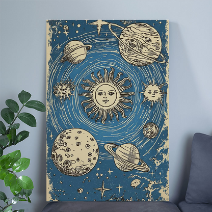 Celestial Sun Moon Poster | Vintage Astrology Wall Art | Blue Cosmic Illustration Print