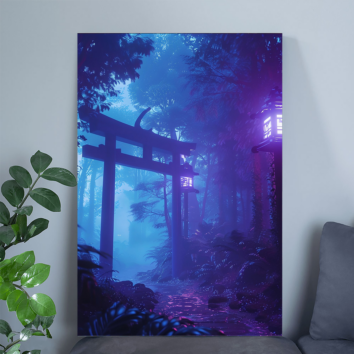 Neon Japanese Forest Poster - Mystical Torii Gate Wall Art - Ethereal Zen Garden Print - Lofi Aesthetic Decor
