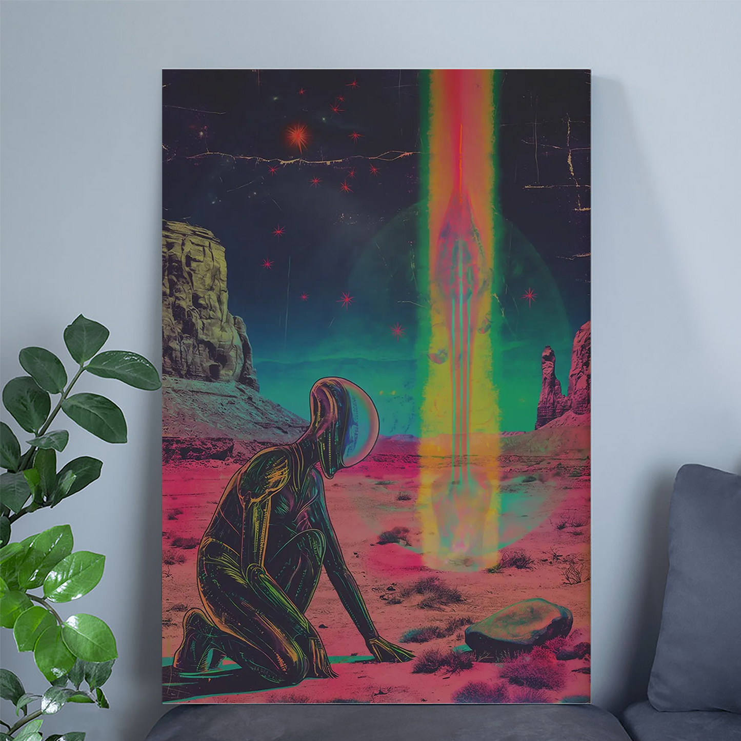 Retro Sci Fi Wall Art Print - Synthwave Alien Desert Poster - Neon Cosmic Beam Artwork - Vaporwave Space Decor