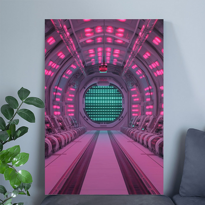 Neon Passage – Galactic Cyberpunk Sci-fi Wall Art – Vivid Spaceship Interior with Futuristic Passenger Seats – Cosmic Fantasy Framed Poster