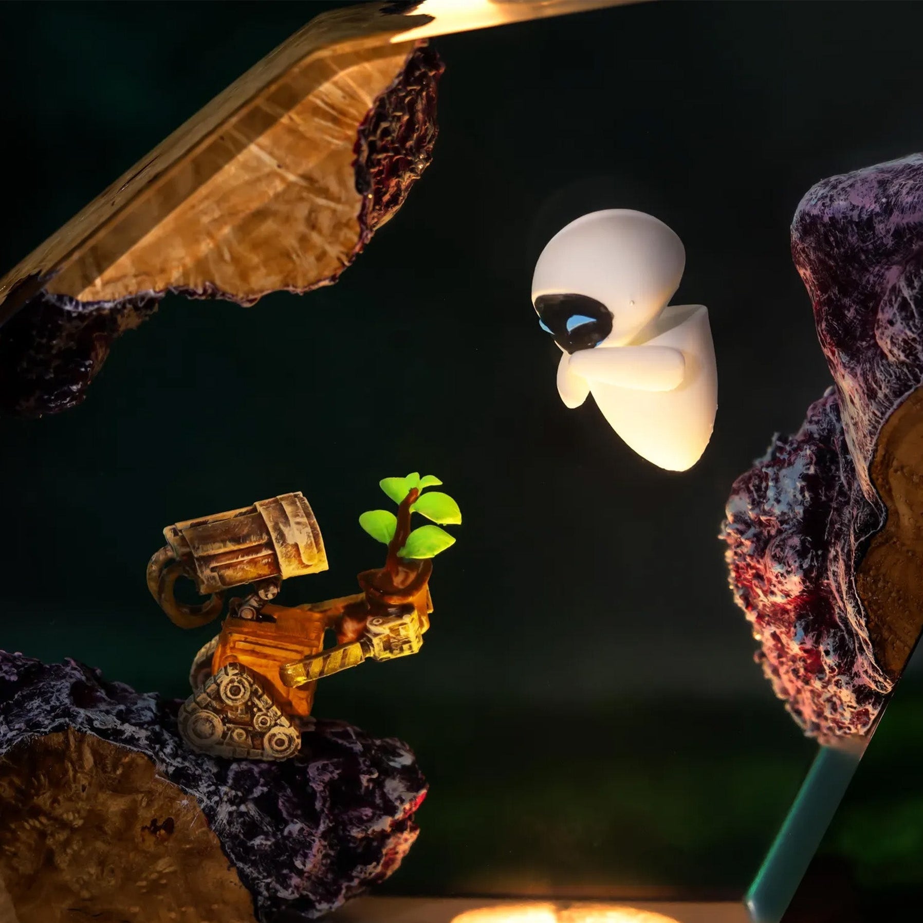 Lonely Trash Robot and Sleek White Probe Bot Resin Lamp