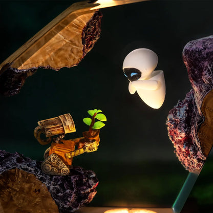 Lonely Trash Robot and Sleek White Probe Bot Resin Lamp