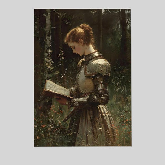 Medieval Dark Academia Lady Knight Poster Vintage Renaissance Antique Wall Art Victorian Woman Reading Book Size 24''x36''